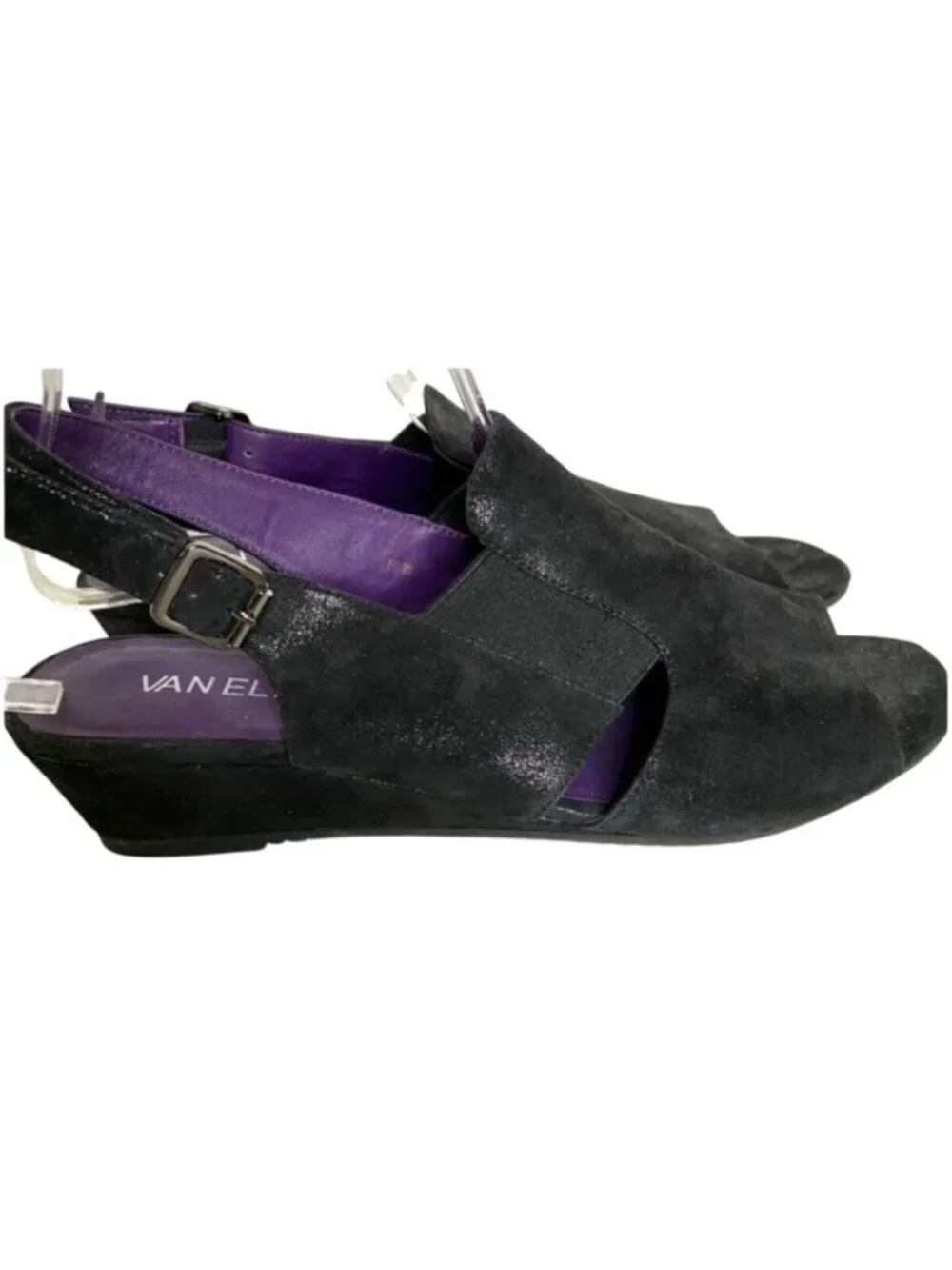 Van Eli NWOB Flory Black Suede Open Toed Wedge Matrix Goth Sandal Size 10W